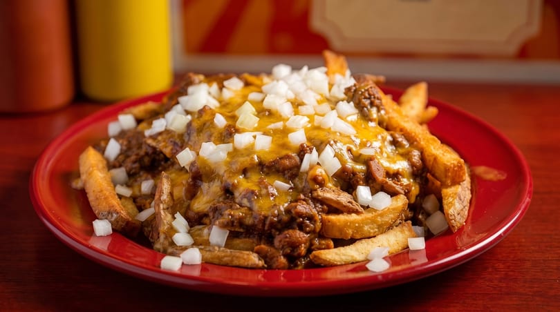 Chili cheese fries with diced onions on a red plate, with condiment bottles in the background.
