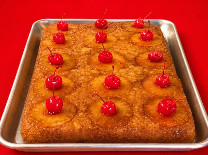 A pineapple upside-down cake with maraschino cherries on top, in a metal baking pan.